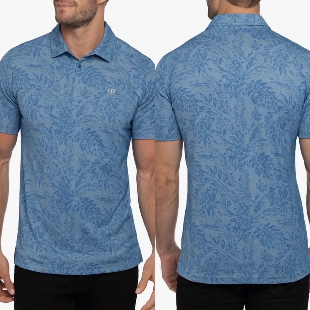 Travis Mathew Forever Young Golf Polo Heather Blue With Palm Leaf Print Size XXL